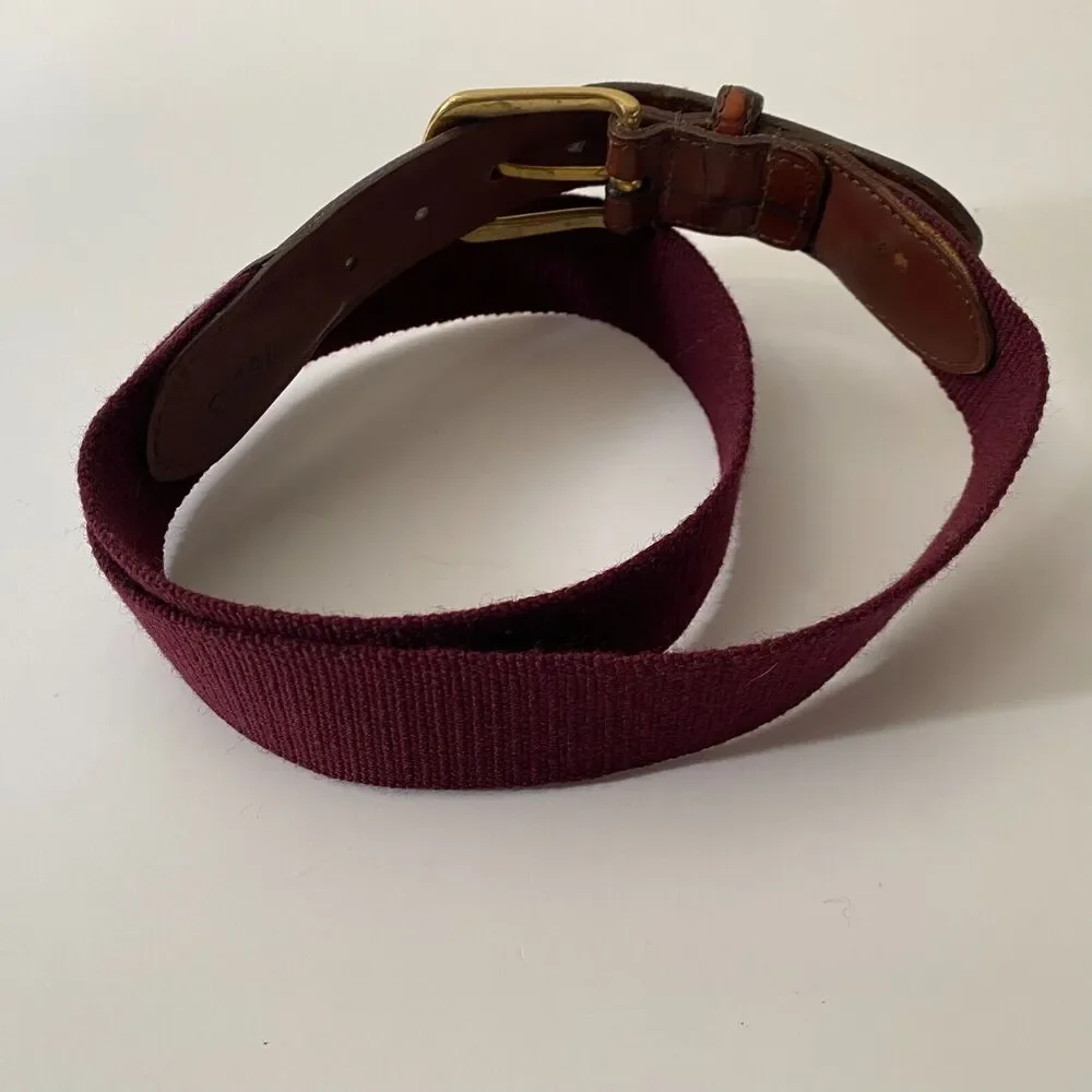 Men's Belt Burgundy Red Classic Canvas & Brown Leather Siz 34 Solid Brass Buckle